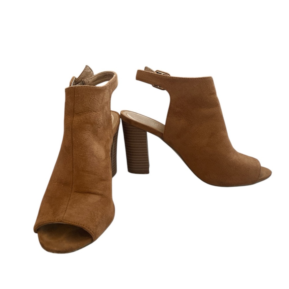 Madden Girl Faux Suede Brown Beckkie sling back peep-toe heeled booties.